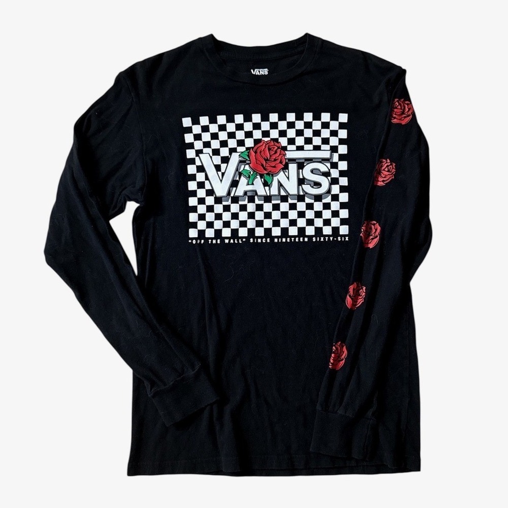 Vans Long Sleeve Shirt Womens Small Black Checkerboard Rose Graphics